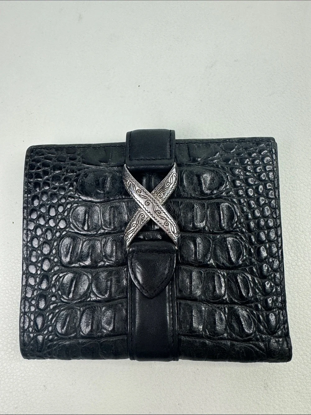 Vintage Brighton Leather Black Croc-Embossed Wallet Silver X Clasp Pockets